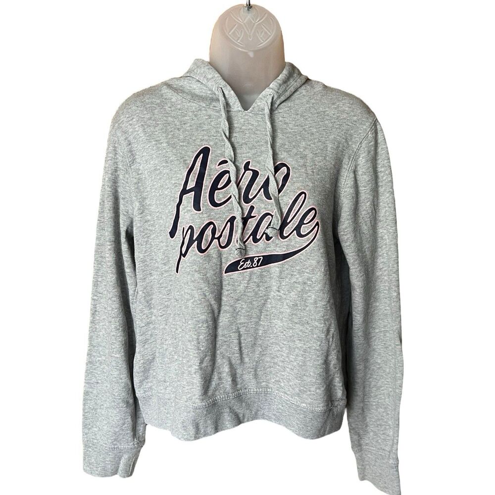 Aeropostale Blue/Pink Logo Graphic Cropped Grey Hoodie Pullover Sz M Y2K